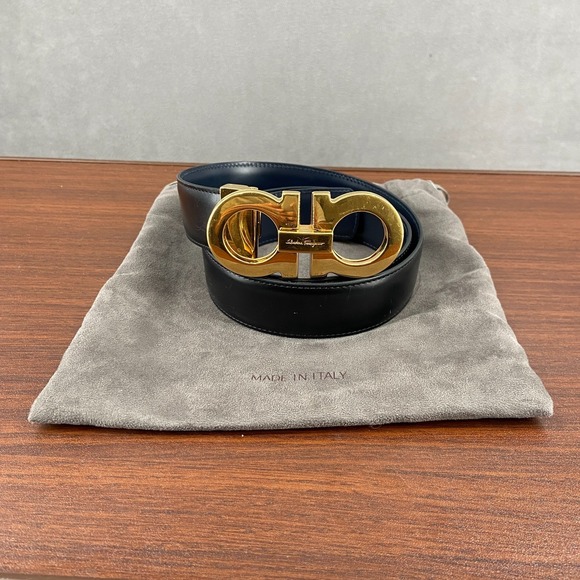 Salvatore Ferragamo Other - Salvatore Ferragamo Gancini Belt Mens 33 Black Calfskin Gold Tone Buckle 5 Hole